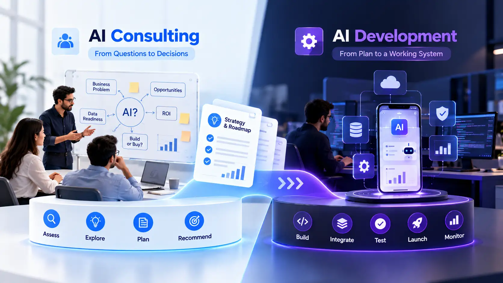 Split Image showing the difference between AI consulting service and AI development service